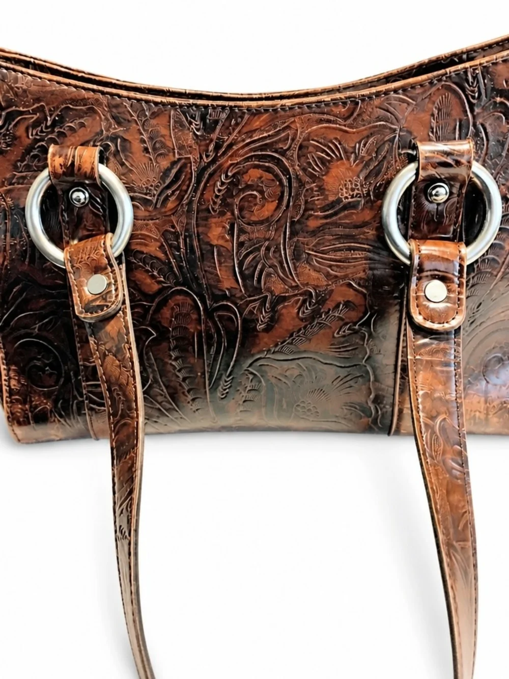 Nine West Brown Floral Faux Leather Shoulder Tote Bag Sliver Ring Accents